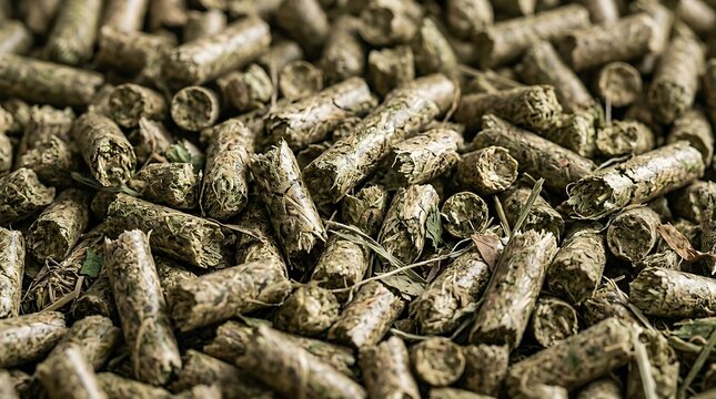 A close-up view of compressed green alfalfa pellet feed used for livestock, rabbit, and horse nutrition to ensure healthy animal growth and diet.