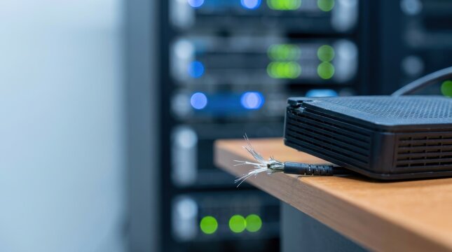 Close up of damaged network cable connected to router with server rack in background