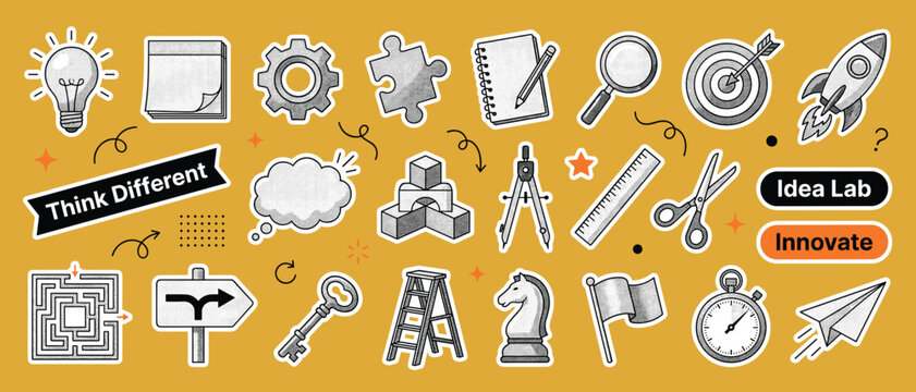 Creative idea halftone collage sticker set vector with lightbulb puzzle piece compass chess knight rocket think different innovate icons retro yellow background poster design
