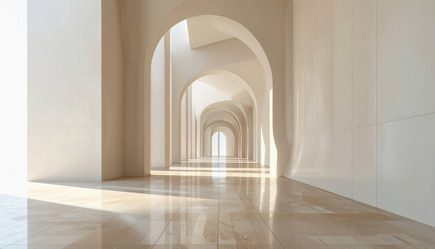 Expansive modern architectural interior hallway with arched openings and natural light