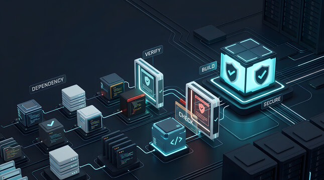 Cyber security software, development pipeline and cloud server for devops, automation and data protection. Infrastructure, coding and technology with network, verify and secure check for business app