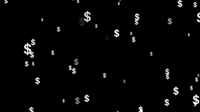 Floating white dollar signs scattered across a dark black background, USA Dollar signs symbol Falling down animation, golden dollar signs raining down black background
