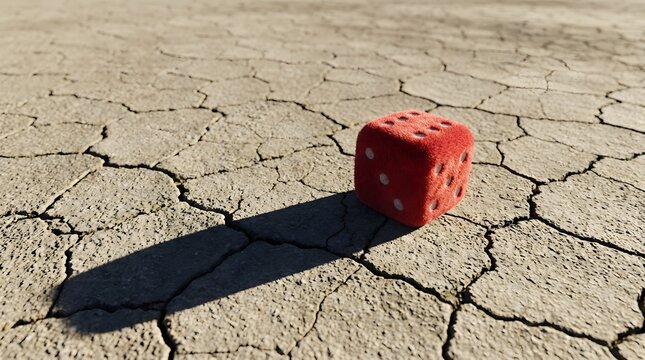 Fuzzy red car dice resting on severely cracked dry earth illustrating how arbitrary human decisions impact vulnerable environmental ecosystems