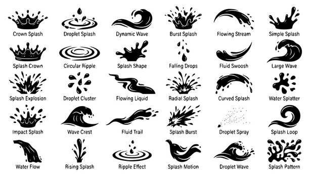 Dynamic splashing water waves and droplets black silhouette vector set