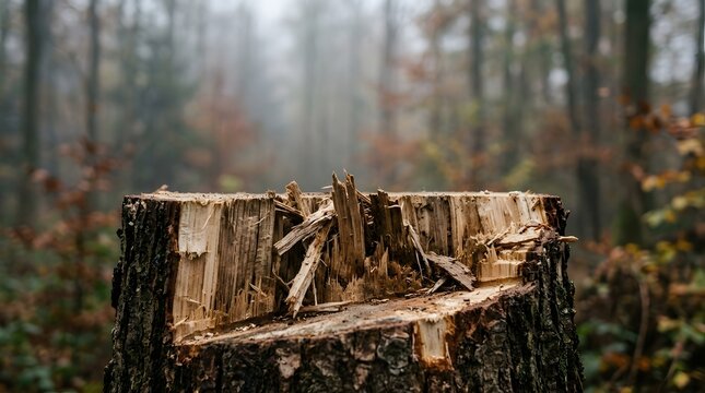 Shattered wooden tree stump standing in a misty autumn forest illustrating aggressive deforestation problems and vulnerable environmental ecosystems