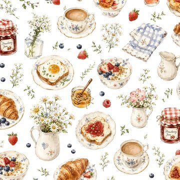 Watercolor breakfast seamless pattern with fried eggs coffee croissant and jam