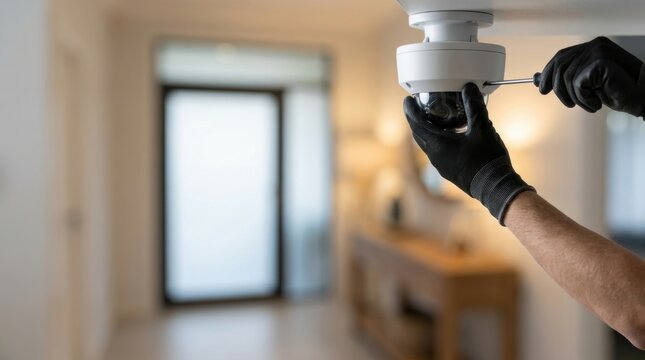 Person wearing black gloves installing a security camera with a screwdriver on the ceiling