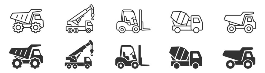 Naklejka premium construction vehicle line and solid icons including dump truck crane forklift and cement mixer on transparent background