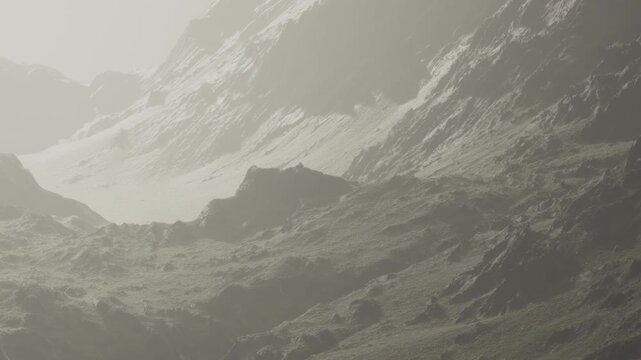 The scene shows a vast area of rocky mountains and uneven terrain under bright daylight. Light creates shadows across the landscape.