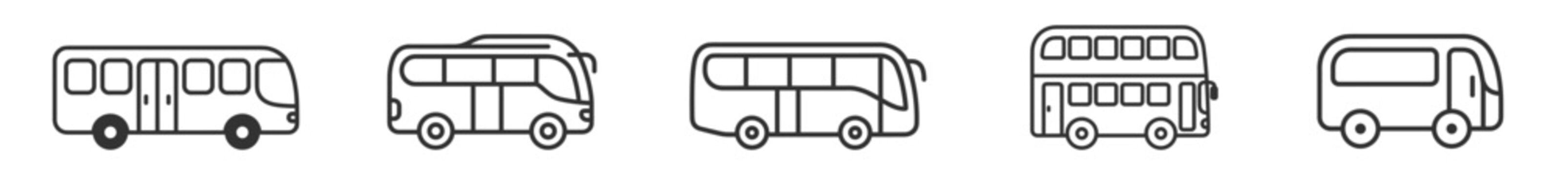 line art illustrations of various bus types including city bus tour bus double decker and shuttle bus on transparent background