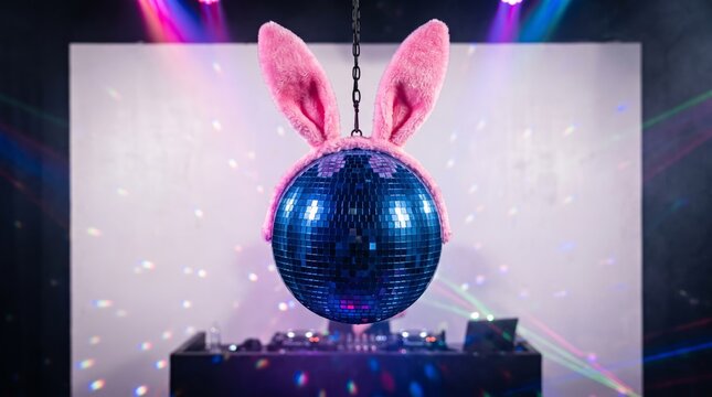 Blue disco ball with playful pink rabbit ears hanging above a nightclub stage with colorful neon lights. Perfect for Halloween