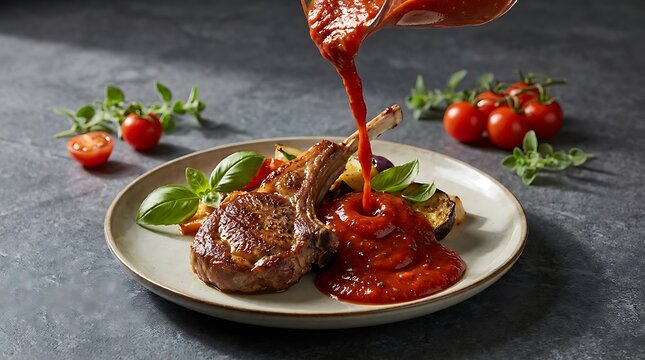 Fresh grilled lamb chops served on a plate with red tomato sauce being poured over the meat dinner meal. marinara glaze
