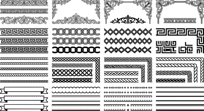 Set of decorative vintage borders, frames, dividers, and ornamental patterns for graphic design and page decoration