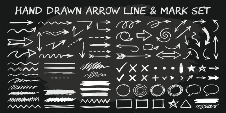 Hand drawn arrow line and mark set featuring chalk illustrations on black background check marks speech bubbles sketches chalkboard blackboard pointers direction indicators selection