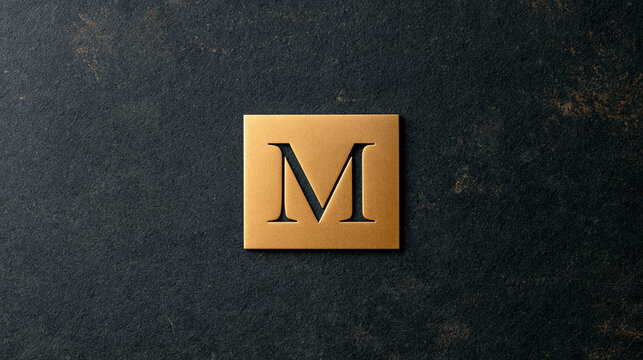 A golden letter M logo mockup on a dark stone background. Luxury branding display for corporate identity design.