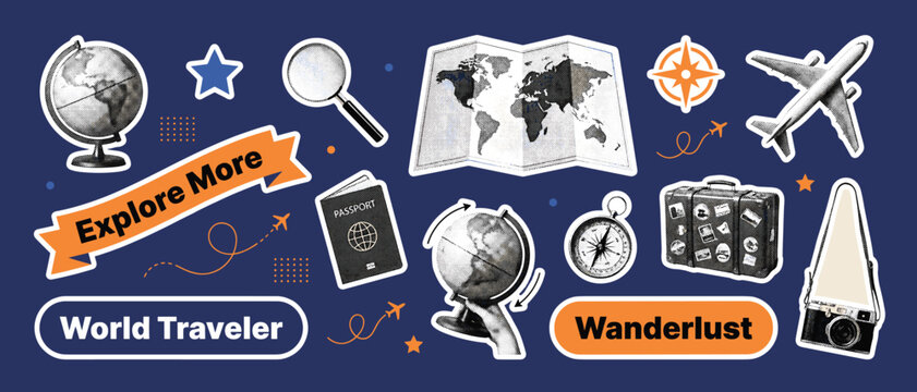 Travel halftone collage sticker set vector with globe airplane map compass suitcase camera explore more world traveler wanderlust icons retro navy background poster design