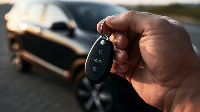 A hand holds a modern car key fob in front of a blurry vehicle. Representing new car ownership or vehicle sales service concept.