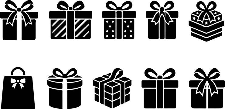 Collection of black silhouette gift box icons and holiday presents with icon set