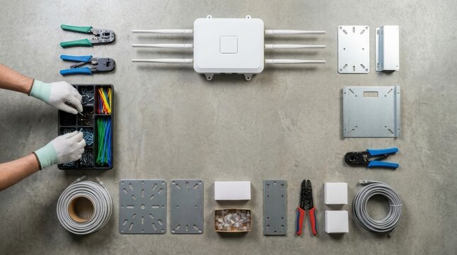 Network installation kit including wireless access point tools cables and mounting hardware