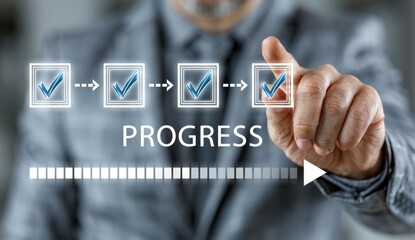 Obraz premium A business professional interacting with a digital progress bar interface to track project milestones and completion status in corporate settings