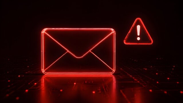Glowing red neon email envelope with warning exclamation triangle representing cybersecurity threat and digital phishing alert