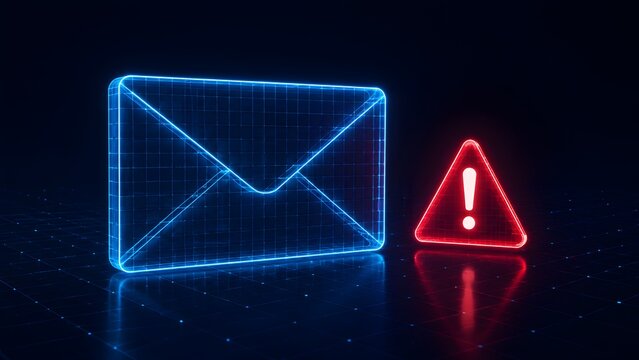 Glowing blue wireframe email envelope next to red warning triangle symbolizing cyber security alert and dangerous digital message