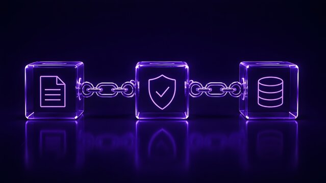 Glowing purple glass blocks connected by metal chains displaying secure document processing and encrypted database storage workflow