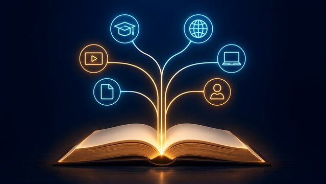 Tree of knowledge concept featuring open book with glowing neon branches connecting multimedia e-learning icons for global digital education network