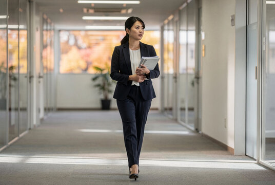 Confident Asian Businesswoman Walking in Modern Office Hallway with Documents