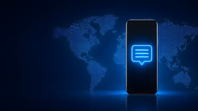 Smartphone displaying glowing blue neon chat bubble icon against digital world map representing global mobile communication and international messaging network