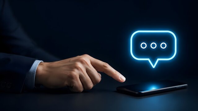 Professional businessman pointing at smartphone with glowing blue chat message bubble symbolizing mobile communication and digital networking