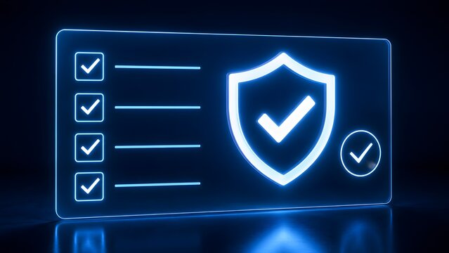 Glowing digital checklist and security shield with checkmarks representing successful safety audit quality control and compliance verification