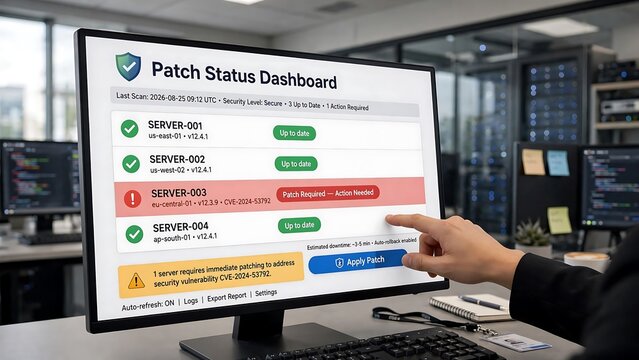 IT Professional Applying a Security Patch on a Server Status Dashboard