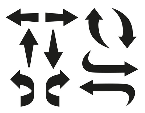 Set of black arrow icons, vector illustration. Pointing up, down, left, and right directions. Simple flat design
