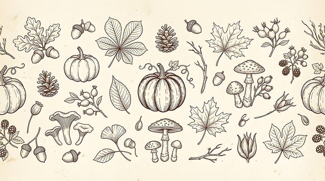 Vintage hand drawn autumn harvest elements including pumpkins leaves mushrooms and pinecones on aged paper background with illustrations fall harvest