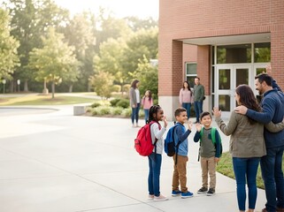 Obraz premium Family and Children Saying Goodbye Outside School on Sunny Day