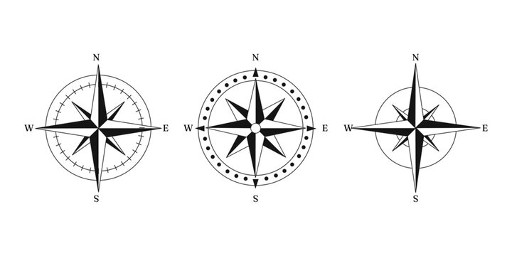 Compass logo, black compass icons, vector illustration. East, West, North, and South direction symbols. Simple design