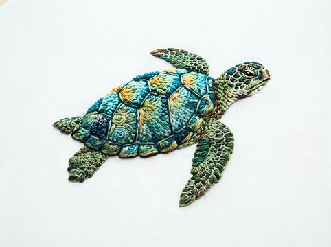 Sea turtle with blue and yellow shell patterns swimming against white