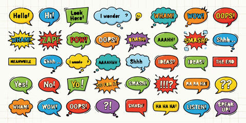 Fototapeta premium Assorted comic speech bubbles and dialogue boxes with colors speech bubble comic book dialogue box pop art cartoon balloon colorful set text effect thought bubble graphic design fun graphics
