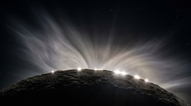 Bailey's beads and coronal streamers over cratered lunar surface in total eclipse