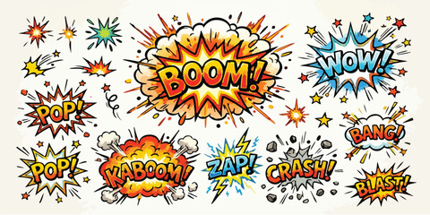 Pop art comic book explosion and burst effects collection with sound text explosion effect burst graphic action element boom text dynamic graphic cartoon design fun © Muhammad