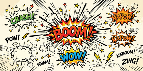 Dynamic comic book explosion background with speed lines and various sound effect graphics action background boom text graphic design pop art retro comic explosion illustration © Muhammad