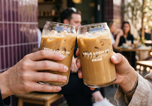 Hands Holding Iced Coffee Glasses Branding Mockup
