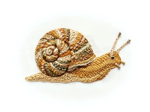 Garden snail with spiral shell and extended body on white background