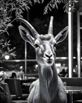 A black and white  markhor baby goat kid  genetic hybrid experiment fantasy animal, fictional species in a restaurant