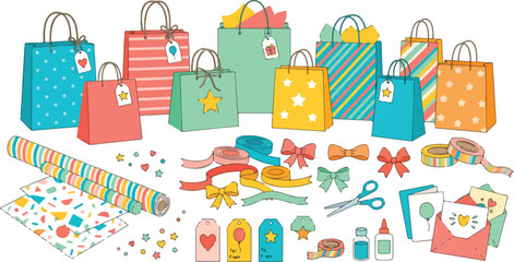 Naklejka premium Colorful shopping bags and wrapping materials arranged for celebration events and festive holiday seasons involving gift giving practices and retail merchandising preparations for customers