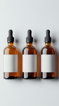 Three amber glass dropper bottles with black pipette caps and blank
