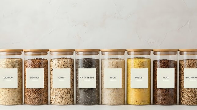 Assorted grains and seeds in glass storage jars with labels including