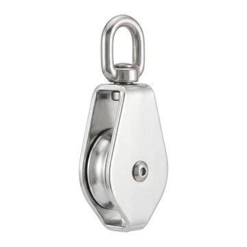 Stainless steel pulley with eyelet for lifting and rigging applications on transparent background