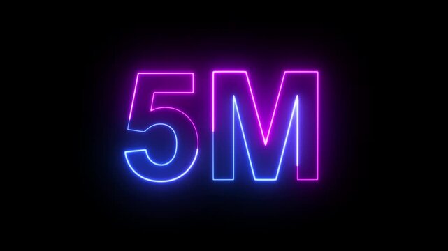 5M Blue and Pink Neon Milestone Animation with Glowing Number on Dark Background. Ideal for subscriber celebrations, social media achievements and digital promotions.